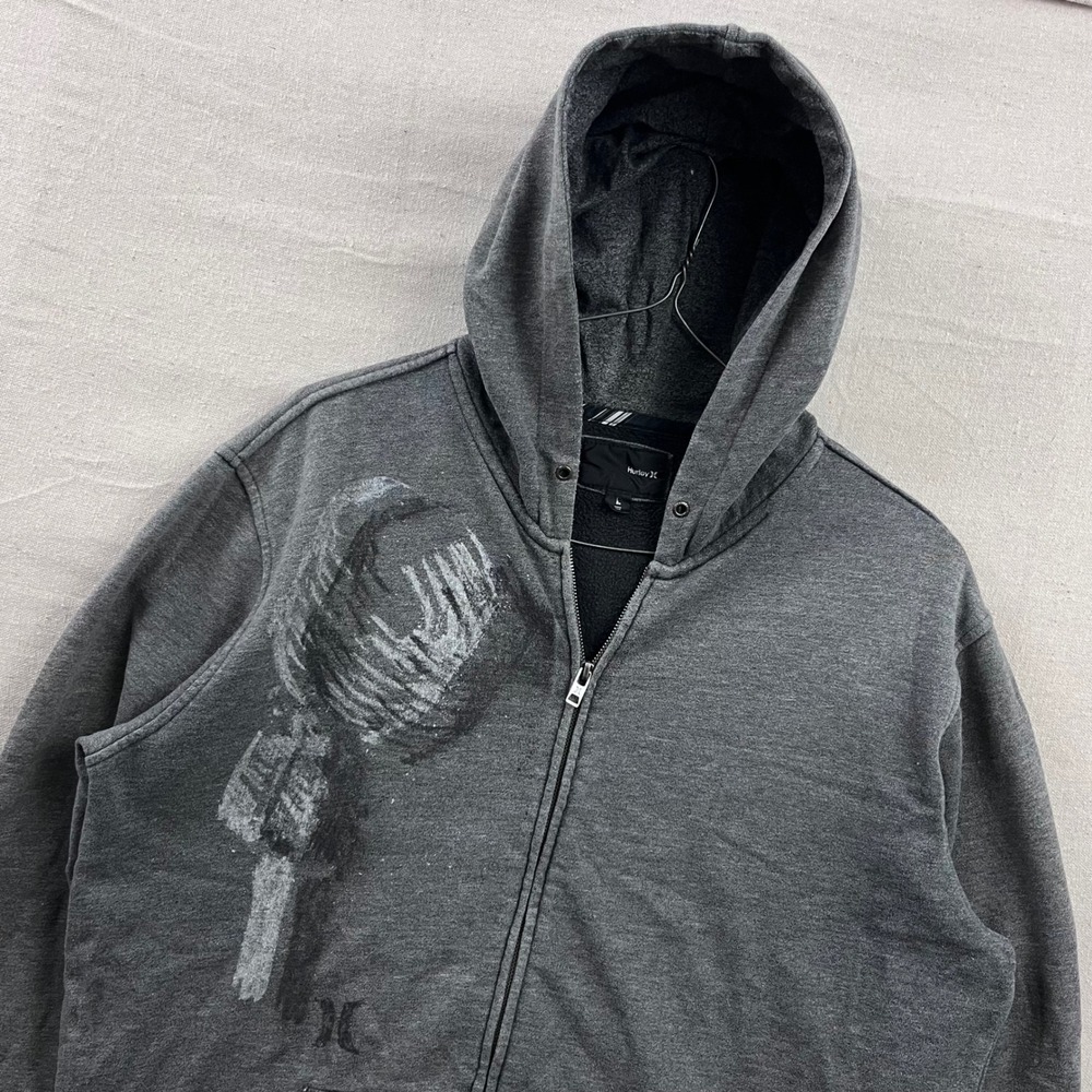 Y2K‎ Hurley Hoodie Mens Large Charcoal Gray Distressed Graphic Full Zip Fleece